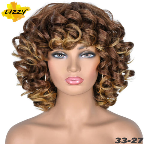 Short Hair Afro Curly Wig With Bangs Loose Synthetic Cosplay Fluffy