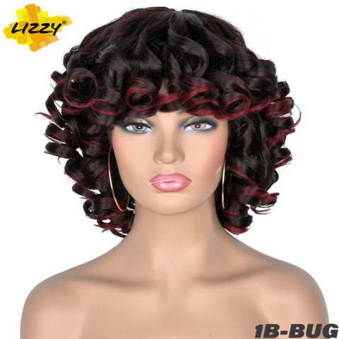Short Hair Afro Curly Wig With Bangs Loose Synthetic Cosplay Fluffy