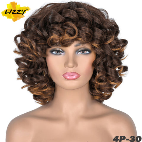 Short Hair Afro Curly Wig With Bangs Loose Synthetic Cosplay Fluffy