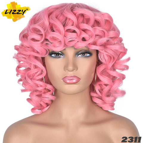 Short Hair Afro Curly Wig With Bangs Loose Synthetic Cosplay Fluffy