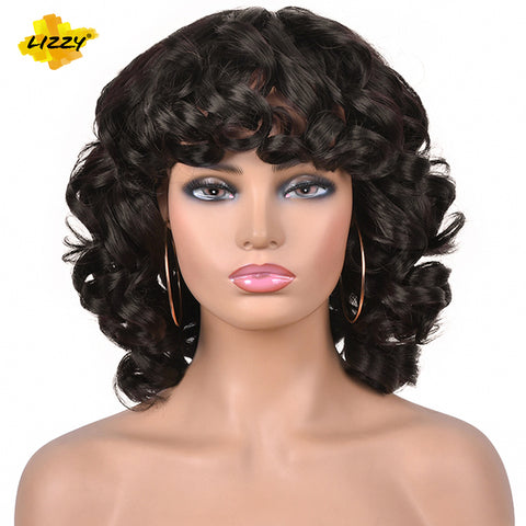 Short Hair Afro Curly Wig With Bangs Loose Synthetic Cosplay Fluffy