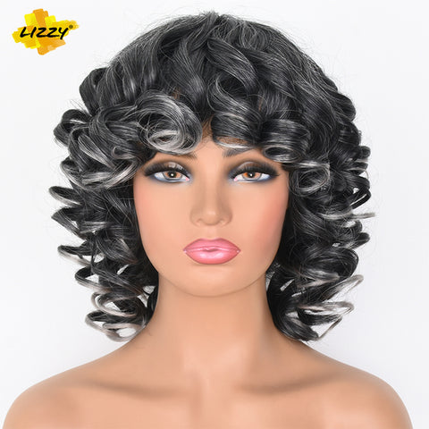 Short Hair Afro Curly Wig With Bangs Loose Synthetic Cosplay Fluffy