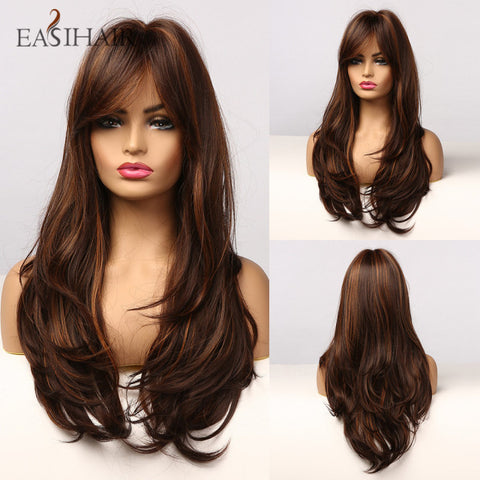 Long Dark Brown Women Wigs with Bangs Water Wave Heat Resistant  for Women
