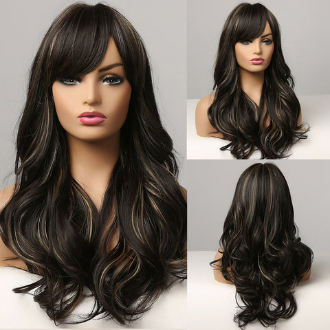 Long Dark Brown Women Wigs with Bangs Water Wave Heat Resistant  for Women