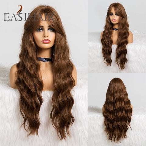 Long Dark Brown Women Wigs with Bangs Water Wave Heat Resistant  for Women