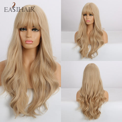Long Dark Brown Women Wigs with Bangs Water Wave Heat Resistant  for Women