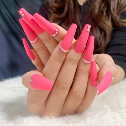 Pink Long French False Nails Decoration Inpluser