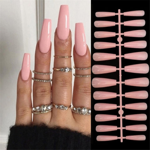 Pink Long French False Nails Decoration Inpluser