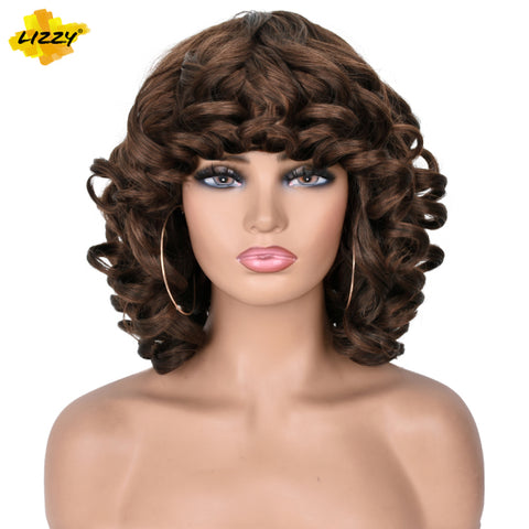Short Hair Afro Curly Wig With Bangs Loose Synthetic Cosplay Fluffy
