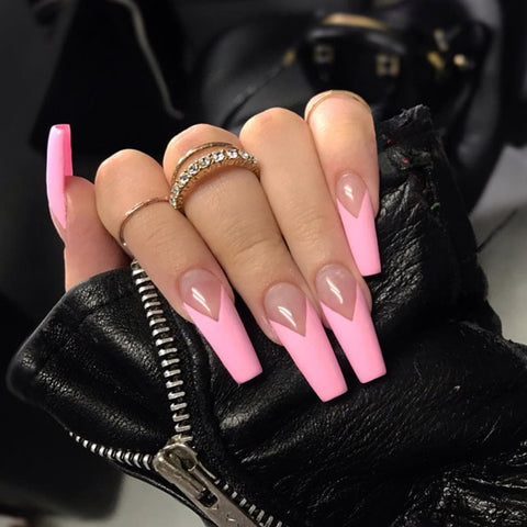 Pink Long French False Nails Decoration Inpluser