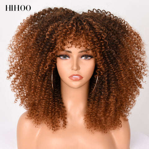 Short Hair Afro Kinky Curly Wig With Bangs For Black Women