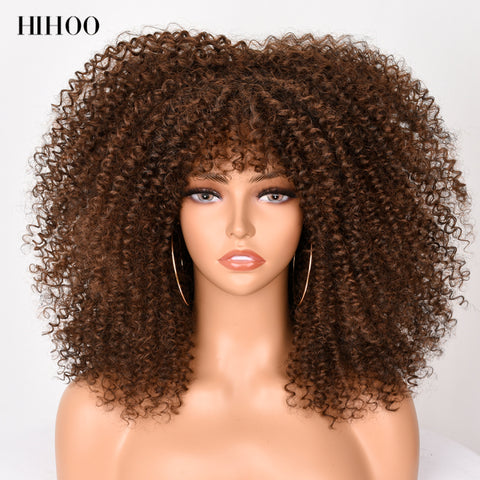 Short Hair Afro Kinky Curly Wig With Bangs For Black Women