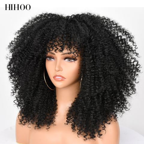 Short Hair Afro Kinky Curly Wig With Bangs For Black Women