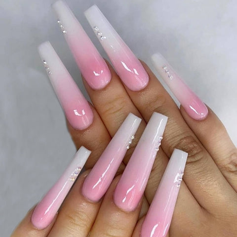 Pink Long French False Nails Decoration Inpluser