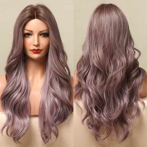 Long Wavy Ombre Brown Purple Synthetic Wigs for Women