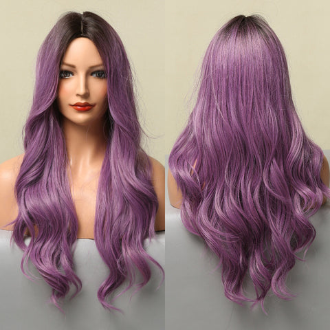 Long Wavy Ombre Brown Purple Synthetic Wigs for Women