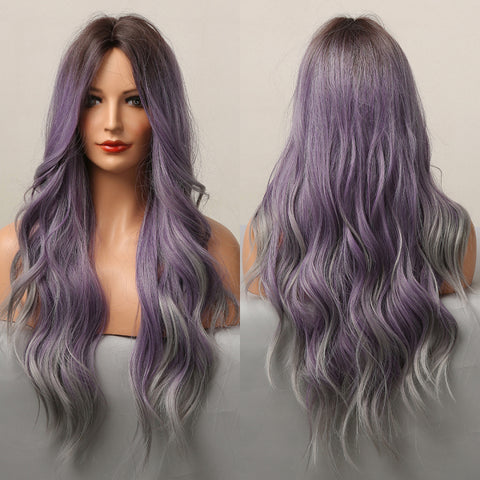 Long Wavy Ombre Brown Purple Synthetic Wigs for Women