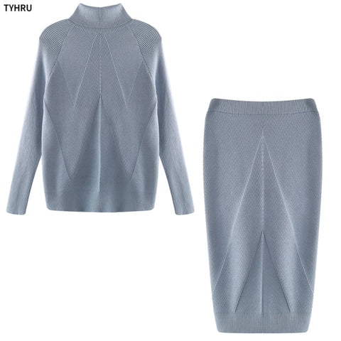 Knitting Costume Turtleneck Pullover Sweater Slim Skirt Two-Piece Set
