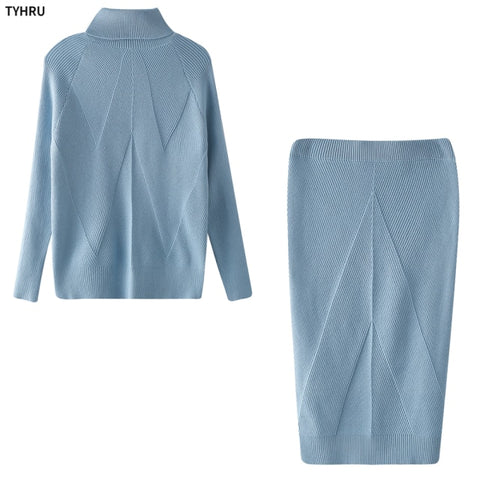 Knitting Costume Turtleneck Pullover Sweater Slim Skirt Two-Piece Set