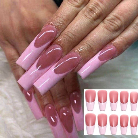 Pink Long French False Nails Decoration Inpluser