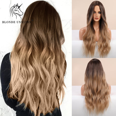 Synthetic Ombre Blonde Brown Long Wigs Middle Part Hair