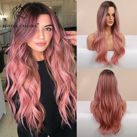 Synthetic Ombre Blonde Brown Long Wigs Middle Part Hair