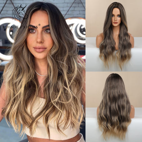 Synthetic Ombre Blonde Brown Long Wigs Middle Part Hair