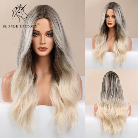 Synthetic Ombre Blonde Brown Long Wigs Middle Part Hair