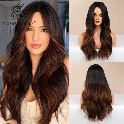 Synthetic Ombre Blonde Brown Long Wigs Middle Part Hair