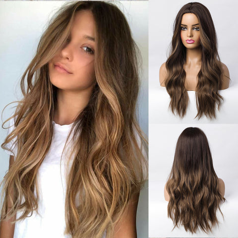 Synthetic Ombre Blonde Brown Long Wigs Middle Part Hair