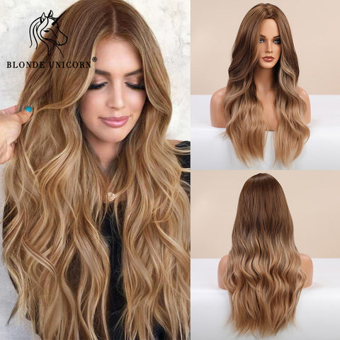 Synthetic Ombre Blonde Brown Long Wigs Middle Part Hair