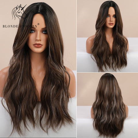 Synthetic Ombre Blonde Brown Long Wigs Middle Part Hair