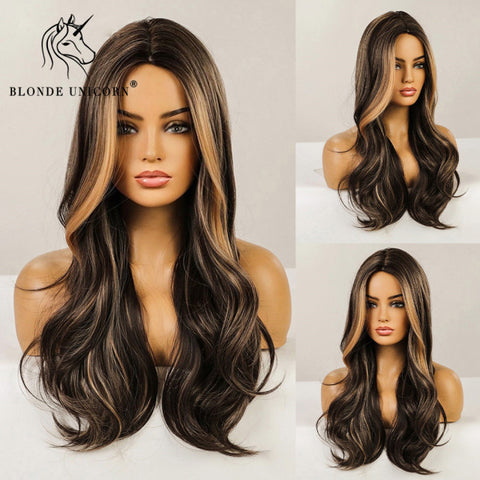 Synthetic Ombre Blonde Brown Long Wigs Middle Part Hair
