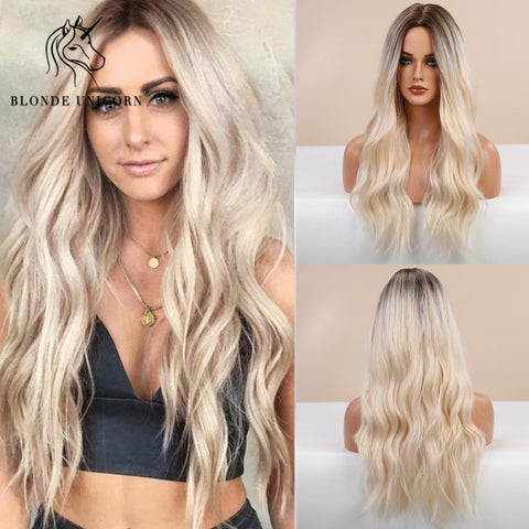 Synthetic Ombre Blonde Brown Long Wigs Middle Part Hair