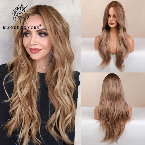 Synthetic Ombre Blonde Brown Long Wigs Middle Part Hair