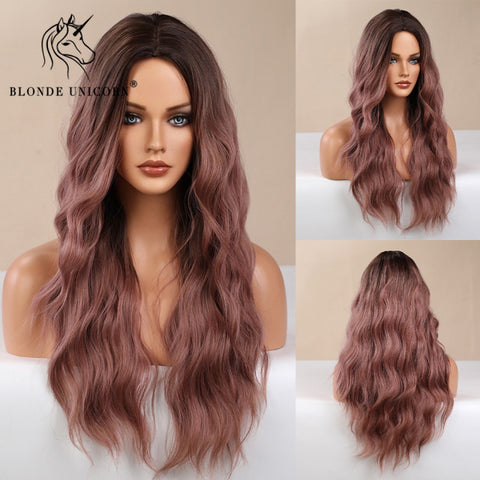 Synthetic Ombre Blonde Brown Long Wigs Middle Part Hair