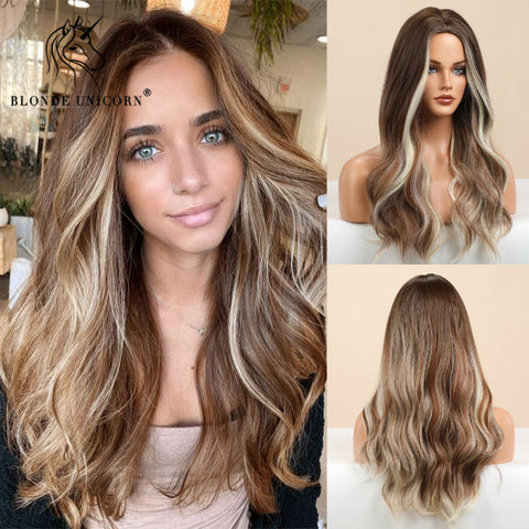 Synthetic Ombre Blonde Brown Long Wigs Middle Part Hair