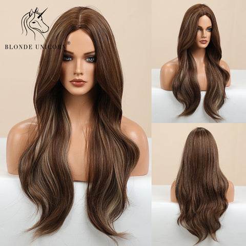 Synthetic Ombre Blonde Brown Long Wigs Middle Part Hair
