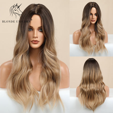 Synthetic Ombre Blonde Brown Long Wigs Middle Part Hair