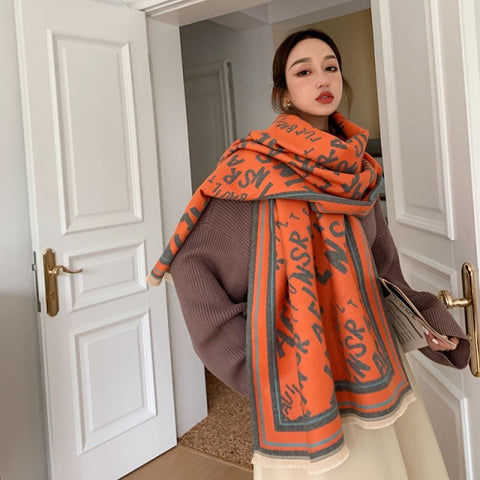 Letter double-sided warm cashmere shawl scarf for women Inpluser