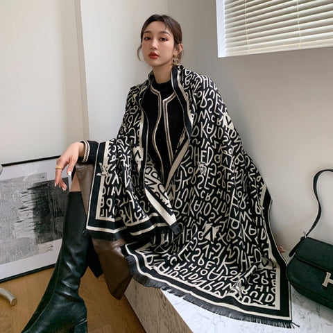 Letter double-sided warm cashmere shawl scarf for women Inpluser