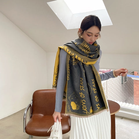 Letter double-sided warm cashmere shawl scarf for women Inpluser