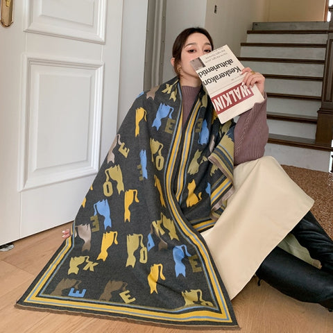 Letter double-sided warm cashmere shawl scarf for women Inpluser
