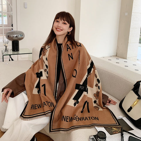 Letter double-sided warm cashmere shawl scarf for women Inpluser
