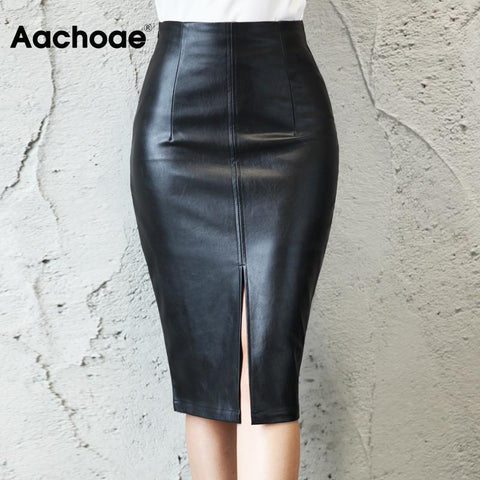 PU Leather Skirt Women  New Midi Sexy High Waist Bodycon Split Skirt