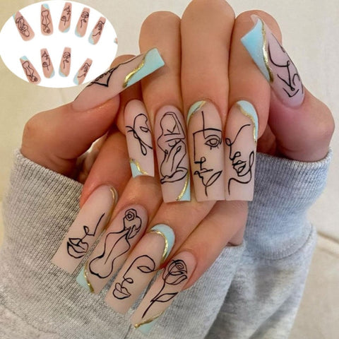 Long Ballerina False Love Pattern French Coffin Nails Inpluser