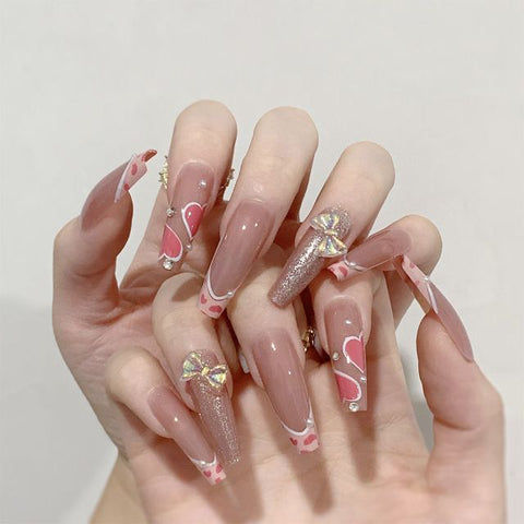 Pink Long French False Nails Decoration Inpluser