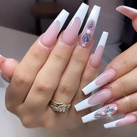 Pink Long French False Nails Decoration Inpluser