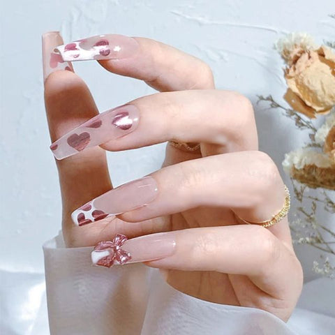 Pink Long French False Nails Decoration Inpluser