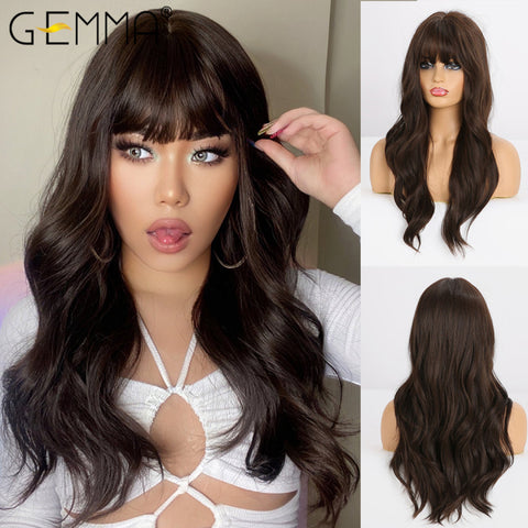 Long Water Wavy Synthetic Wigs with Bangs Natural Wave